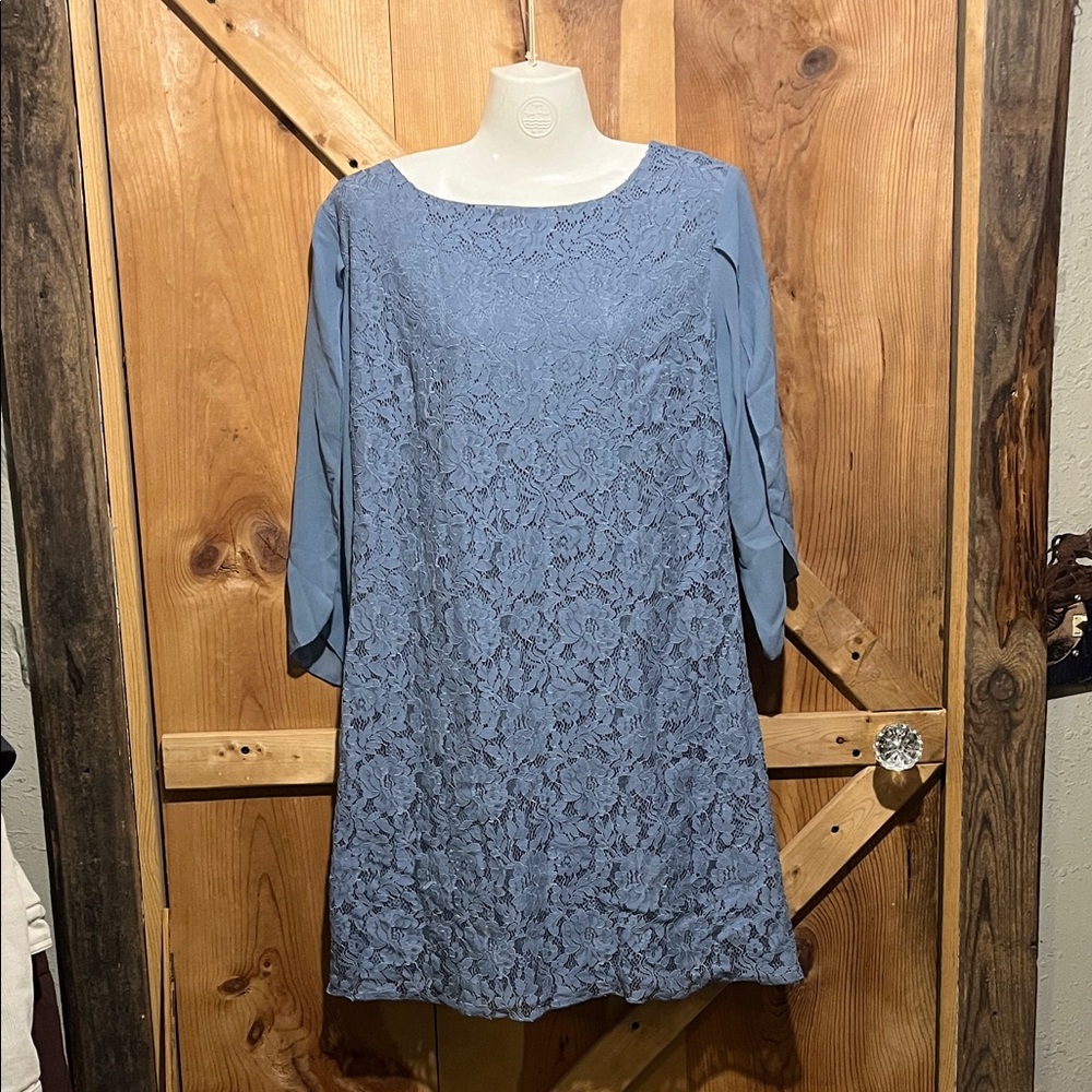 Lace Overlay Mini Dress in Dusty Blue